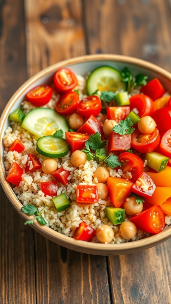 A colorful quinoa bowl with chickpeas, tomatoes, cucumber, and bell pepper, garnished with herbs on a wooden table.